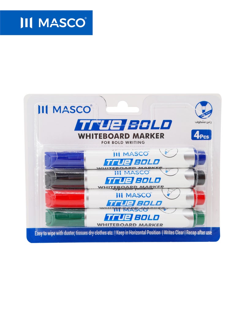 ماسكو أقلام سبورة TRUE BOLD متعددة الألوان، رأس مشطوف، كتابة عريضة، عبوة 4 أقلام - Image 1